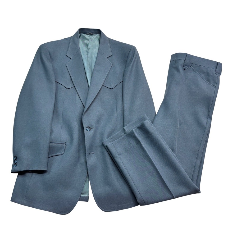 vtg 70s Baby Blue Western 38S 34x30 2pc Pant Suit Knit Polyester Retro USA